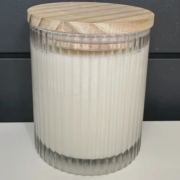 Coconut Soy Candle 9 oz wax | Ribbed Glass w/wood Top